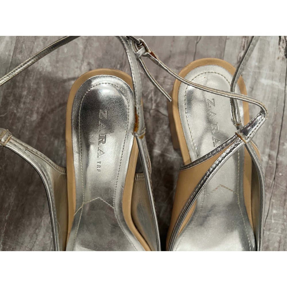 Zara Contrast Cap Toe Block Heels Womens Tan Black Silver Slingback Heels 41 US - Picture 8 of 13
